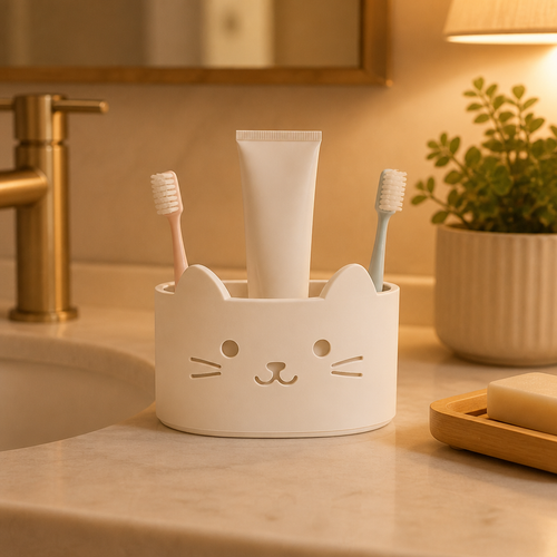 Porta cepillos de dientes gatito blanco en el baño
