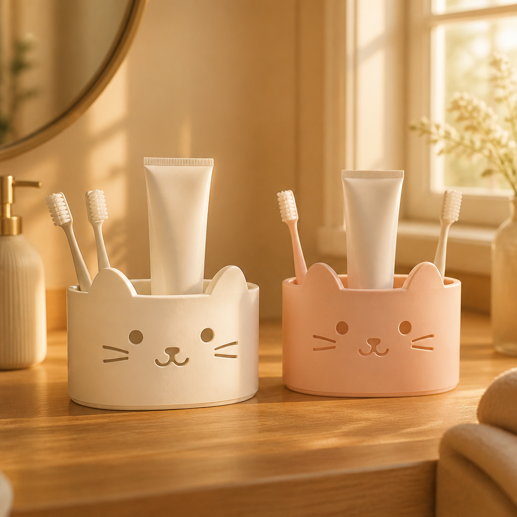 Porta cepillos gatito blanco y rosa juntos