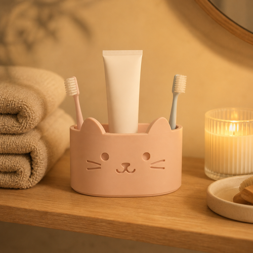 Porta cepillos de dientes gatito rosa en estante de madera
